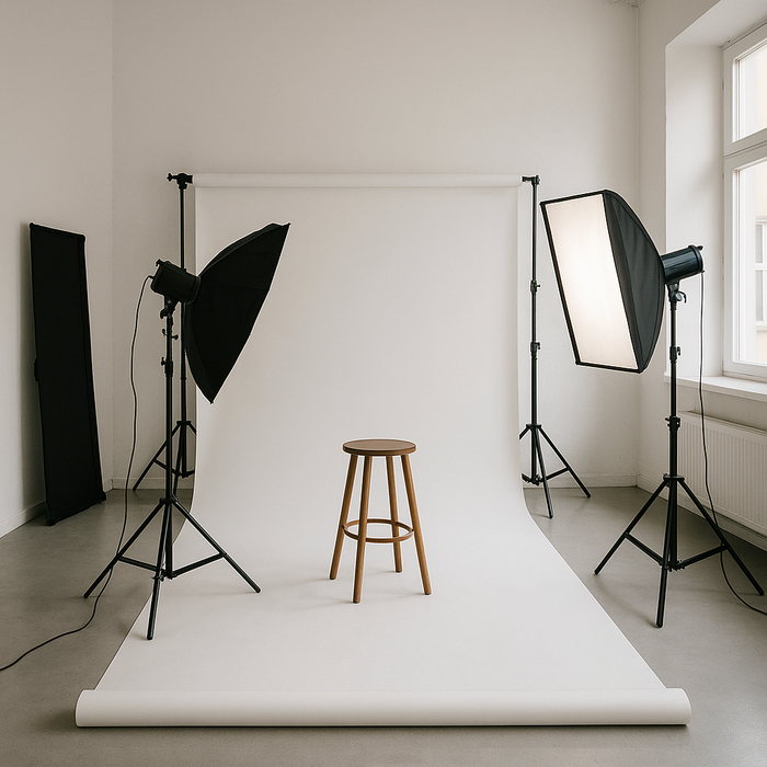 Das Bild zeigt ein helles, minimalistisches Fotostudio mit weißem Hintergrund, natürlichem Tageslicht und professioneller Beleuchtungsausrüstung, die um einen schlichten Holzstuhl arrangiert ist.